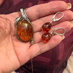 Amber and Silver Necklace and Earring Set